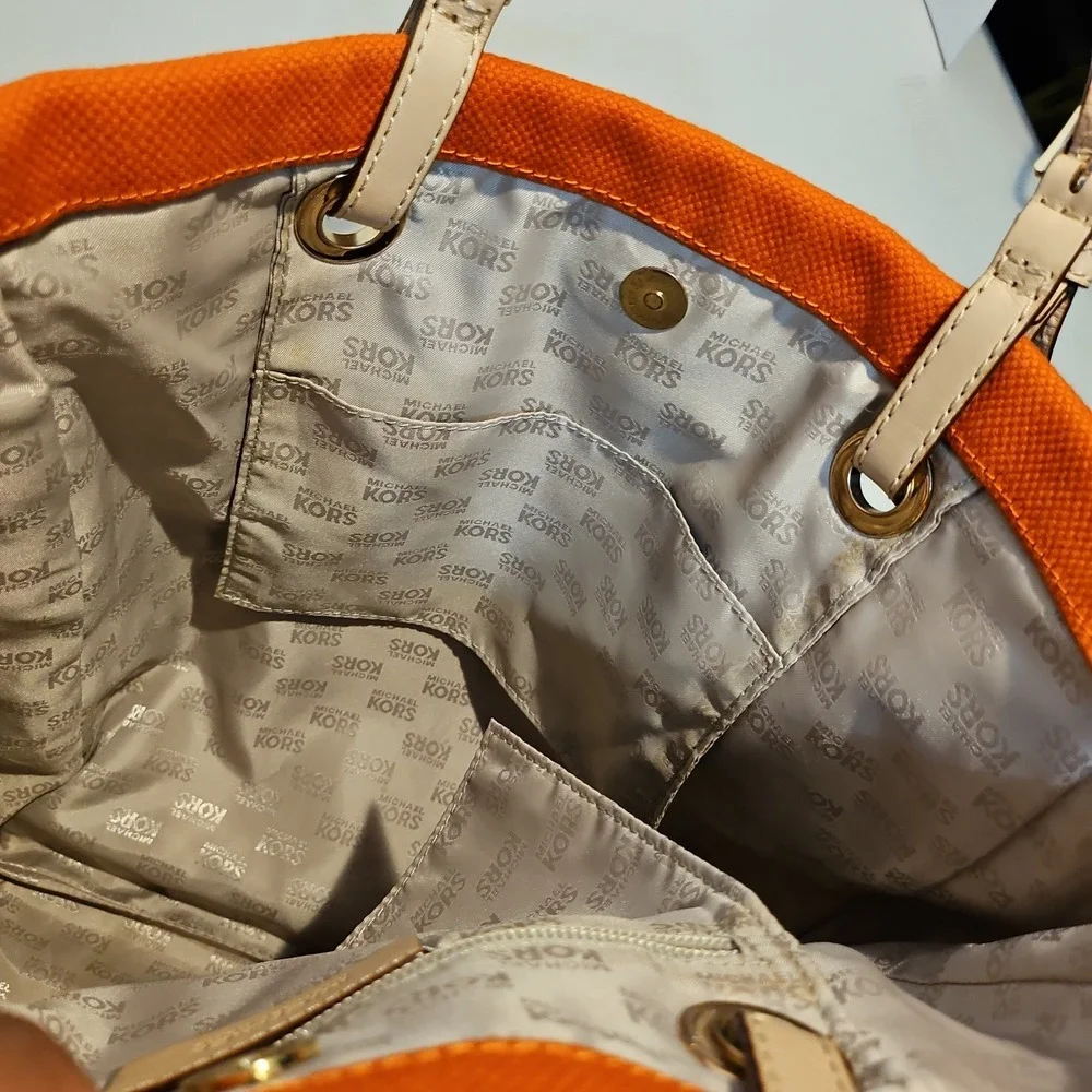 Michael Kors Large Orange Canvas Tote Beige Leather Handles